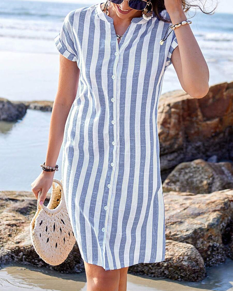 Rosie Elegant Striped Button Midi Dress |