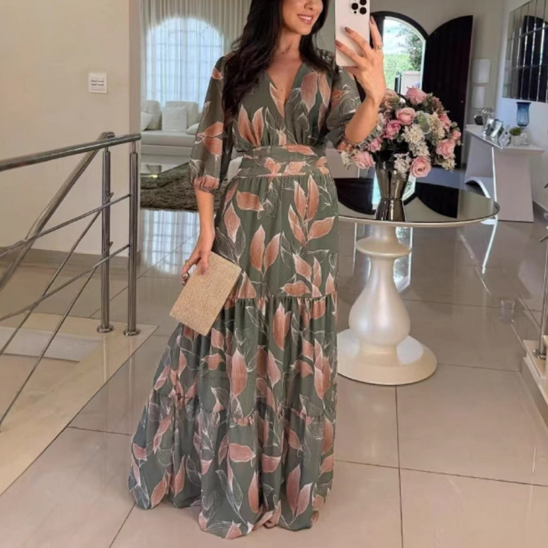 Rosie | Elegant V-Neck Puff Sleeve Maxi Dress