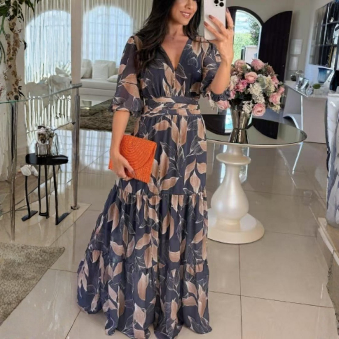 Rosie | Elegant V-Neck Puff Sleeve Maxi Dress