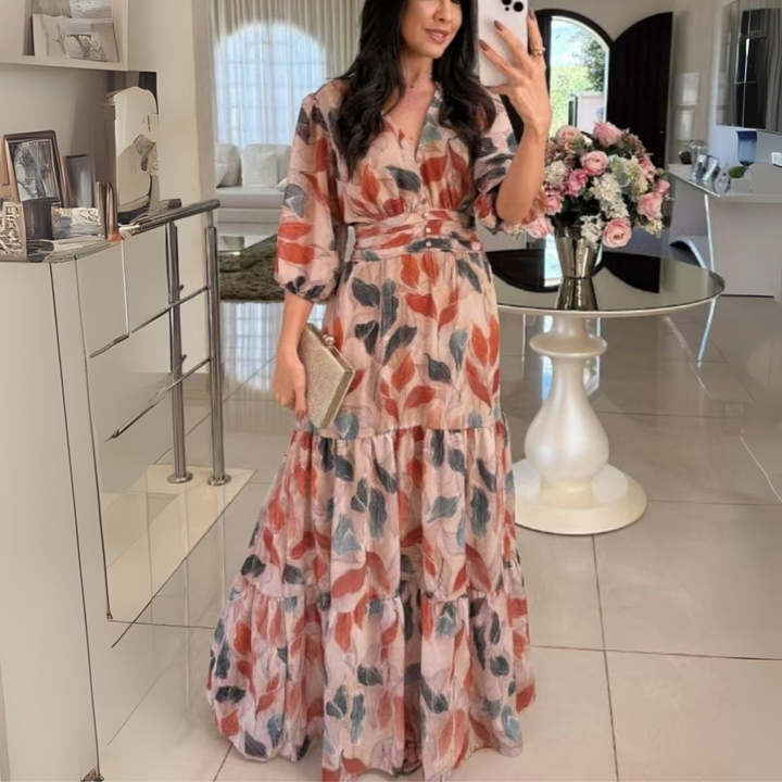 Rosie | Elegant V-Neck Puff Sleeve Maxi Dress